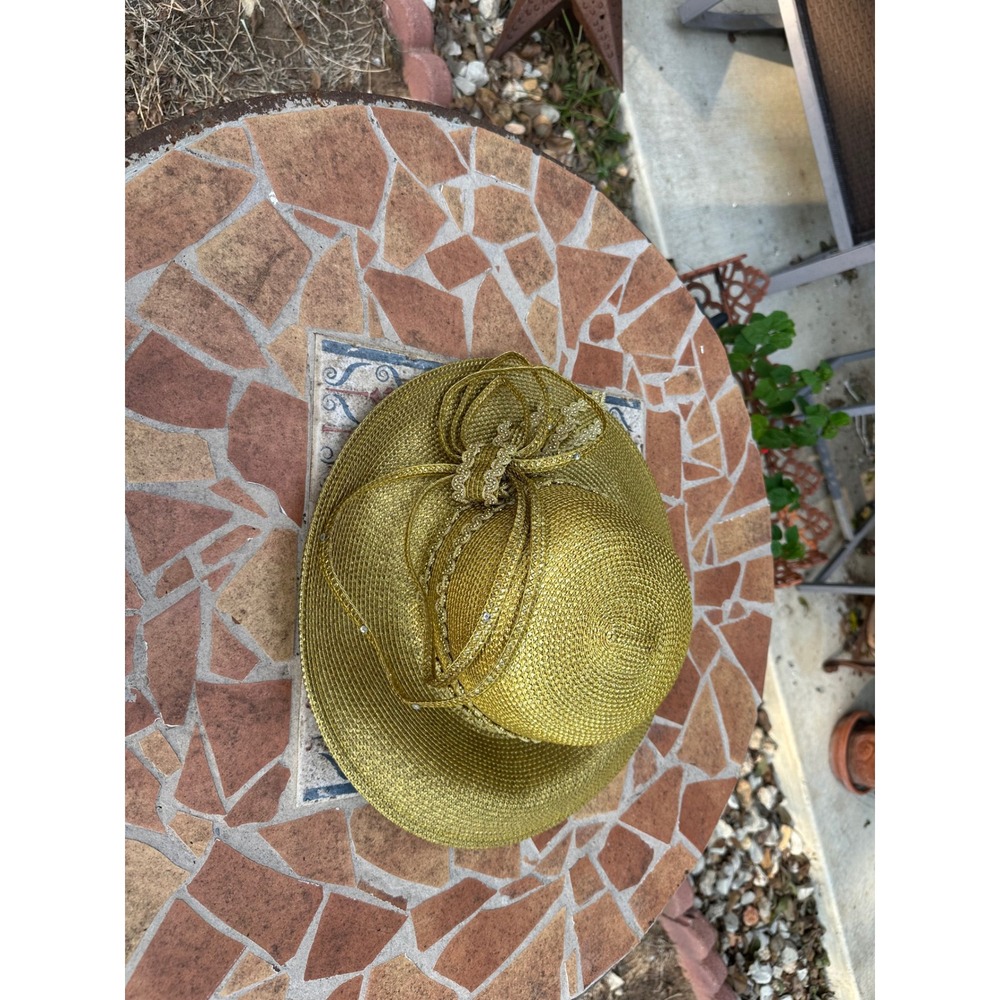 ML Studio Gold Metallic Wide Brim Dress Hat with Bow and Rhinestones Style 1887